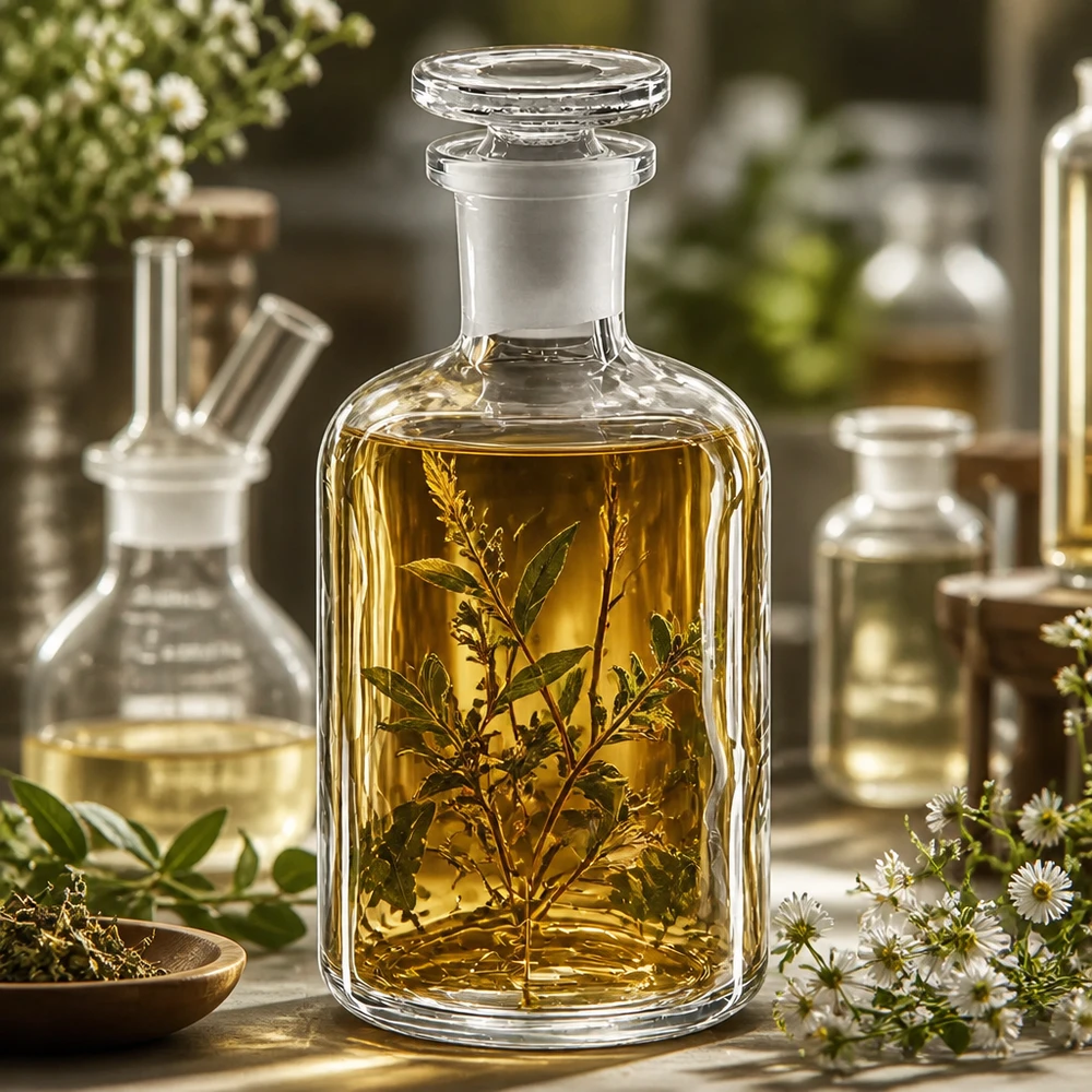 Handgemaakte glazen fles van 100 ml met ronde schouders, smalle hals en stop, voor botanische extracten