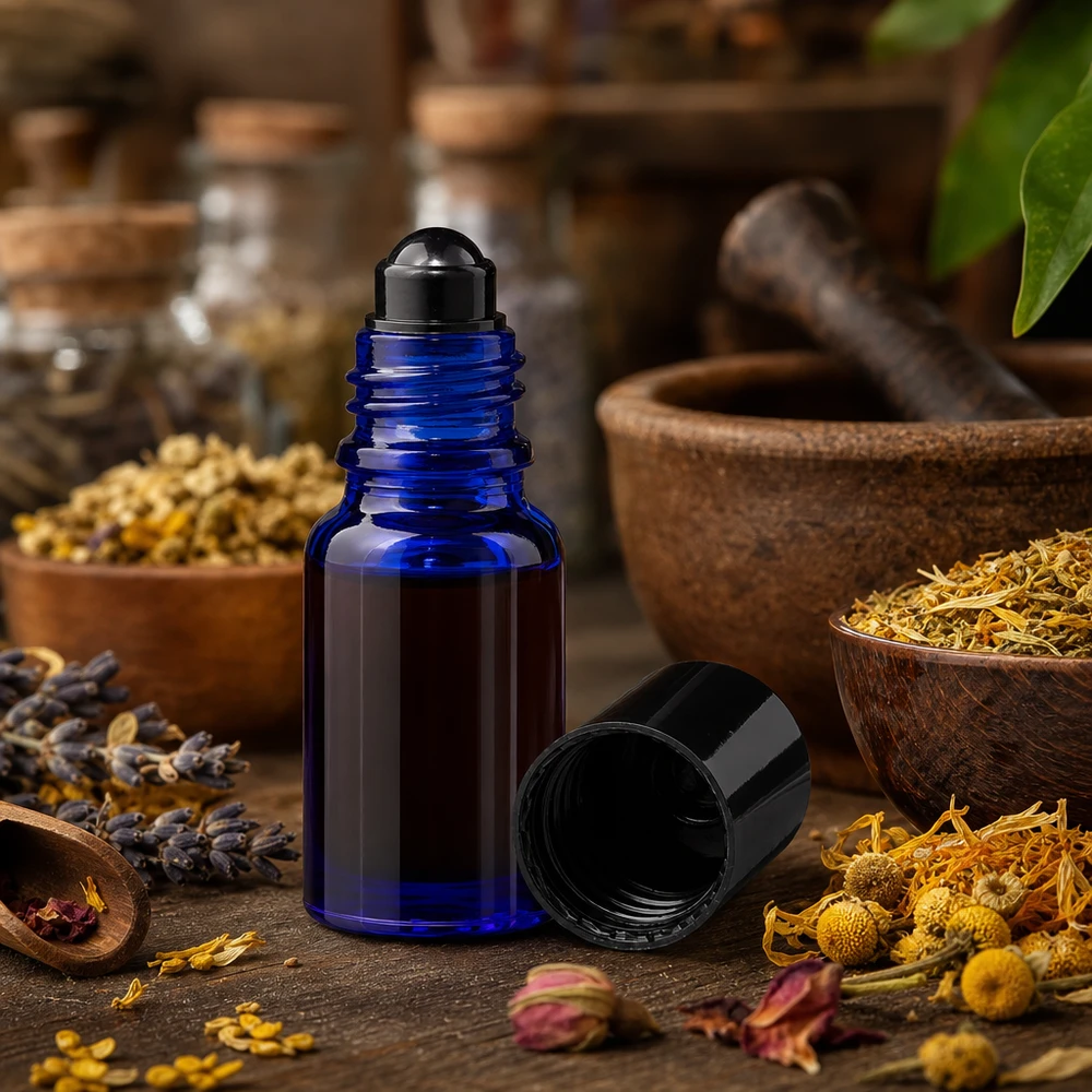 Een geopende blauwe roll-on-fles van 10 ml van ApoGlas, naast een vijzel en gedroogde geneeskrachtige planten