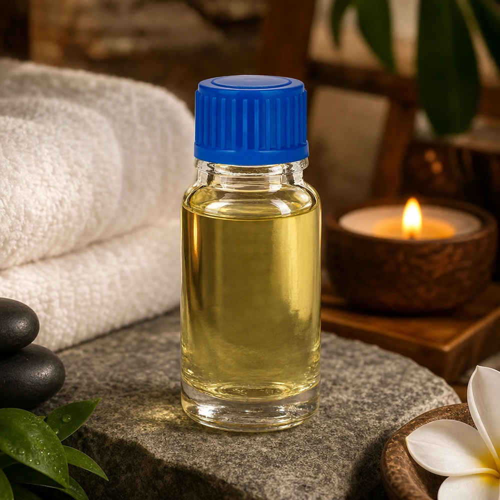 Glazen flesje van 10 ml ClearLine UT18/10 met blauwe dop, op een kaars met massagestenen van natuursteen
