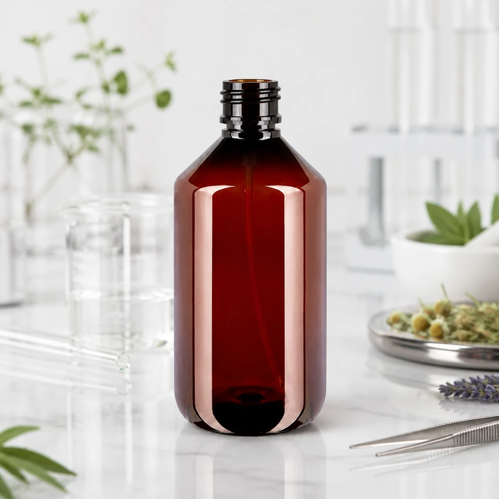 500 ml PET medicijnfles met verstuiver zwart GCMI 28/410 incl. dop transparant, standaard Apothekerflasche aus braunem PET 500ml Füllmenge für lichtempfindliche Flüssigkeiten