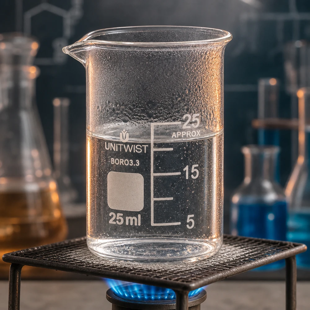 Doorzichtig laboratoriumbekerglas 25 ml UNiTWIST Boro3.3 met condenserende waterdruppeltjes