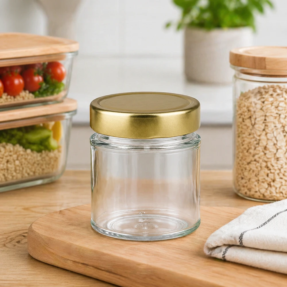 154ml rond glas met BasicSeal deksel goud deep UNiTWIST 154ml rond potje met gouden deksel leeg op houten plank in moderne keuken met voorraadpotten Opbergen