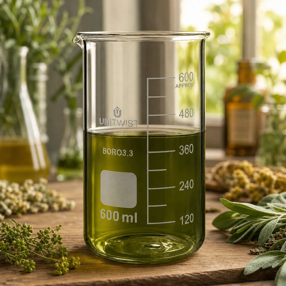 Becherglas 600 ml, hoog model, borosilicaat, UNITWIST, voor het extraheren van kruiden met salie en rozemarijn