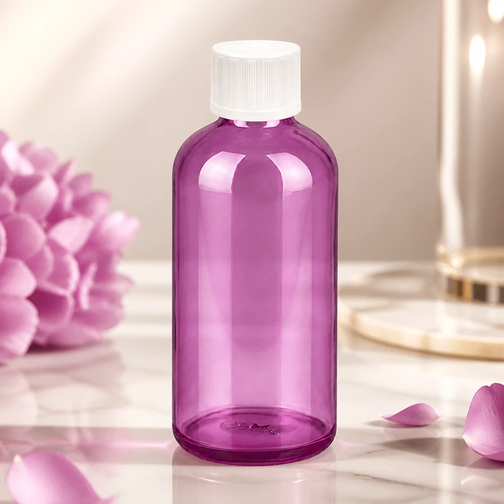 Compacte druppelflacon 100ml in paars met witte dop, perfect voor op reis en onderweg