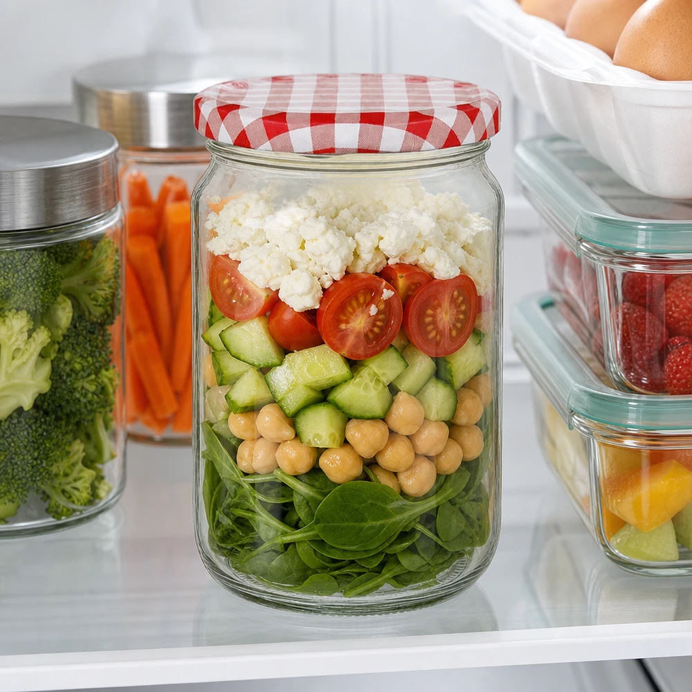 795 ml ronde pot met BasicSeal deksel als maaltijdverpakking met salade, kikkererwten en feta in de koelkast