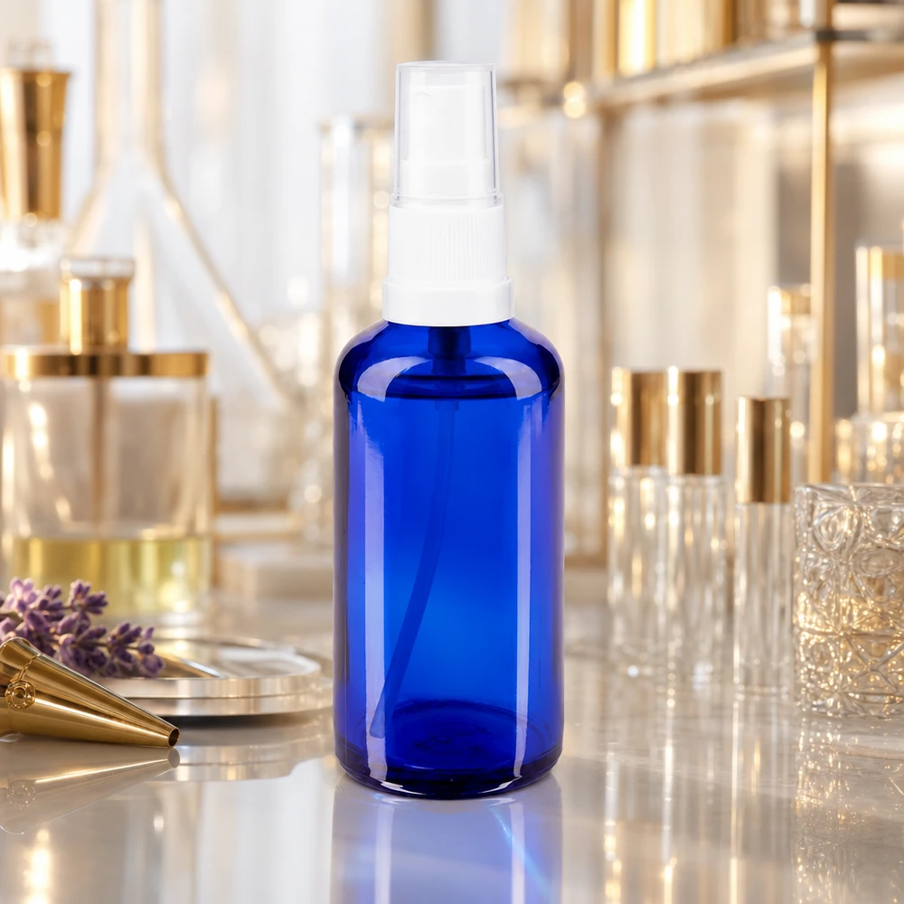 Kobaltblauwe apothekersglazen spuitfles van 50 ml met witte pompverstuiver in het parfumlaboratorium