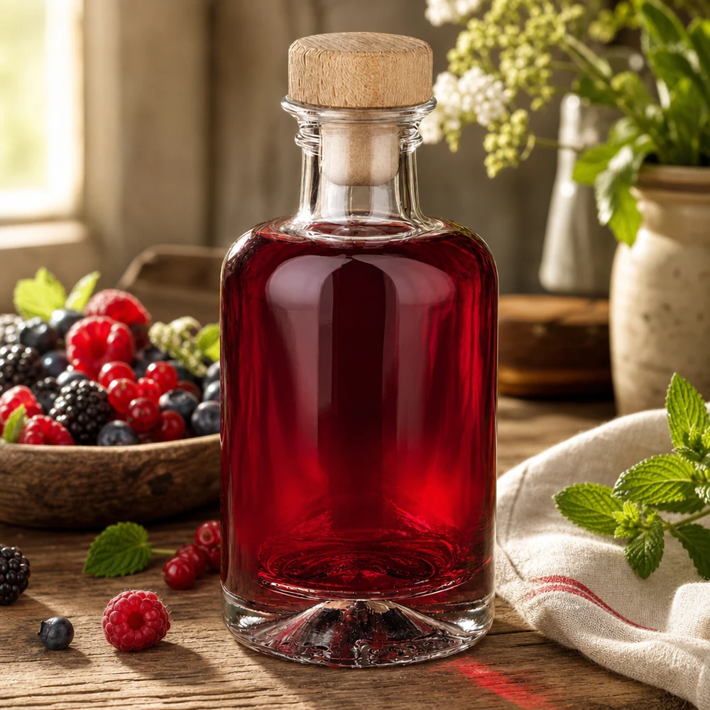 100 ml apothekersfles Sofia met houten handvat en kurk UNiTWIST® 100ml Glasflasche Sofia mit Holzkorken gefüllt mit Beerenlikör zwischen frischen Beeren und Minze warme Küchenstimmung