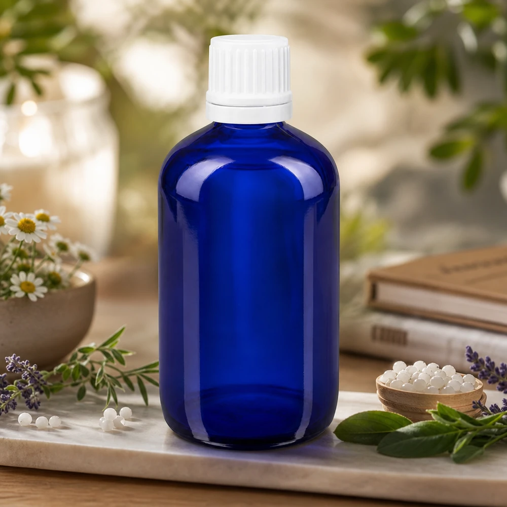 Hoogwaardige blauwe glazen fles van 100 ml met verzegelde dop voor natuurgeneeskunde en aromatherapie