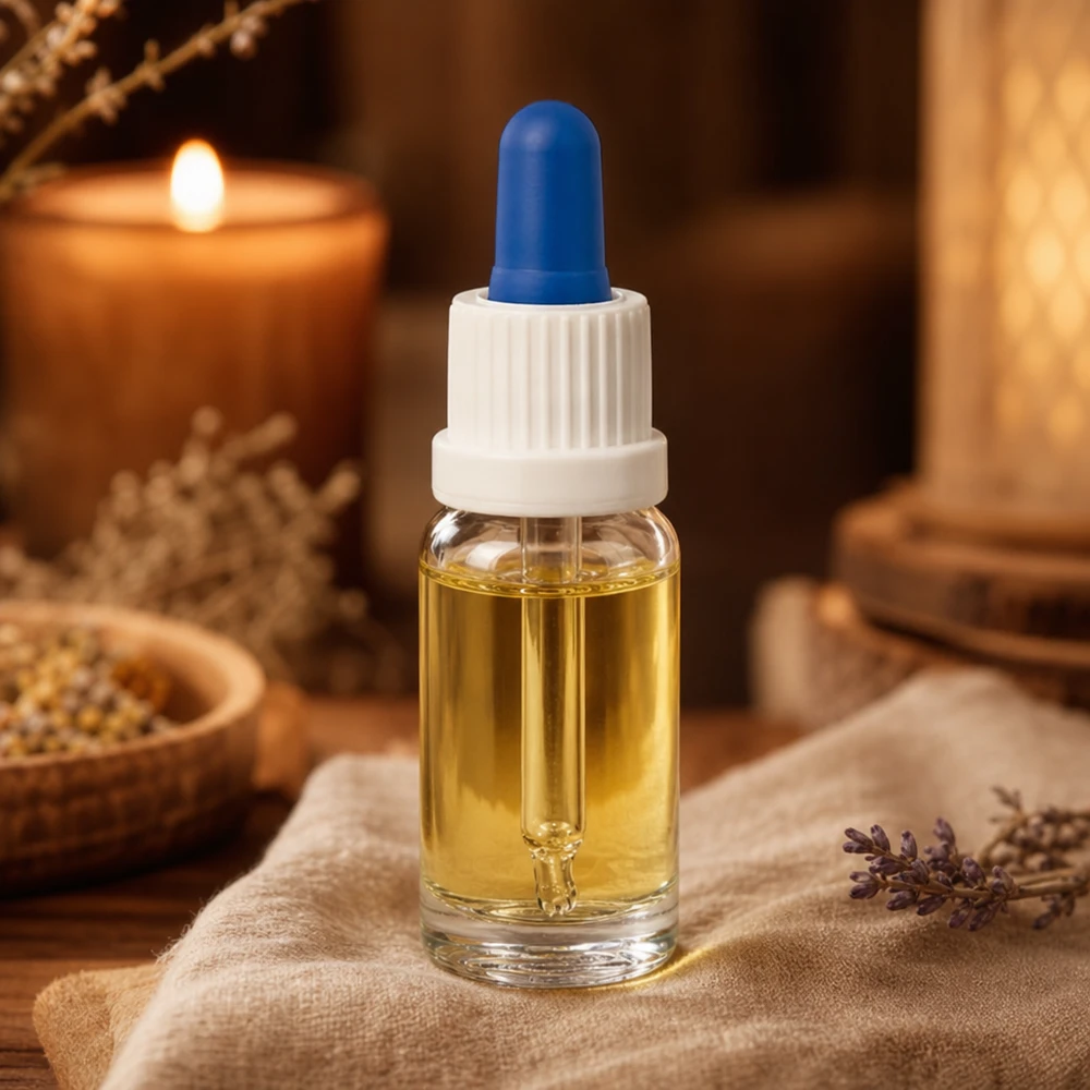 Aromatherapie-pipetflesje van 10 ml, helder glas met blauw rubberen balletje, naast een kaars en kruiden