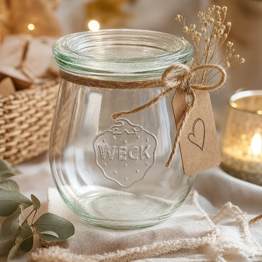 WECK tulpenpot 220ml RR60 decoratief met jute koord kraftpapier tag en gedroogde bloemen als cadeau-idee