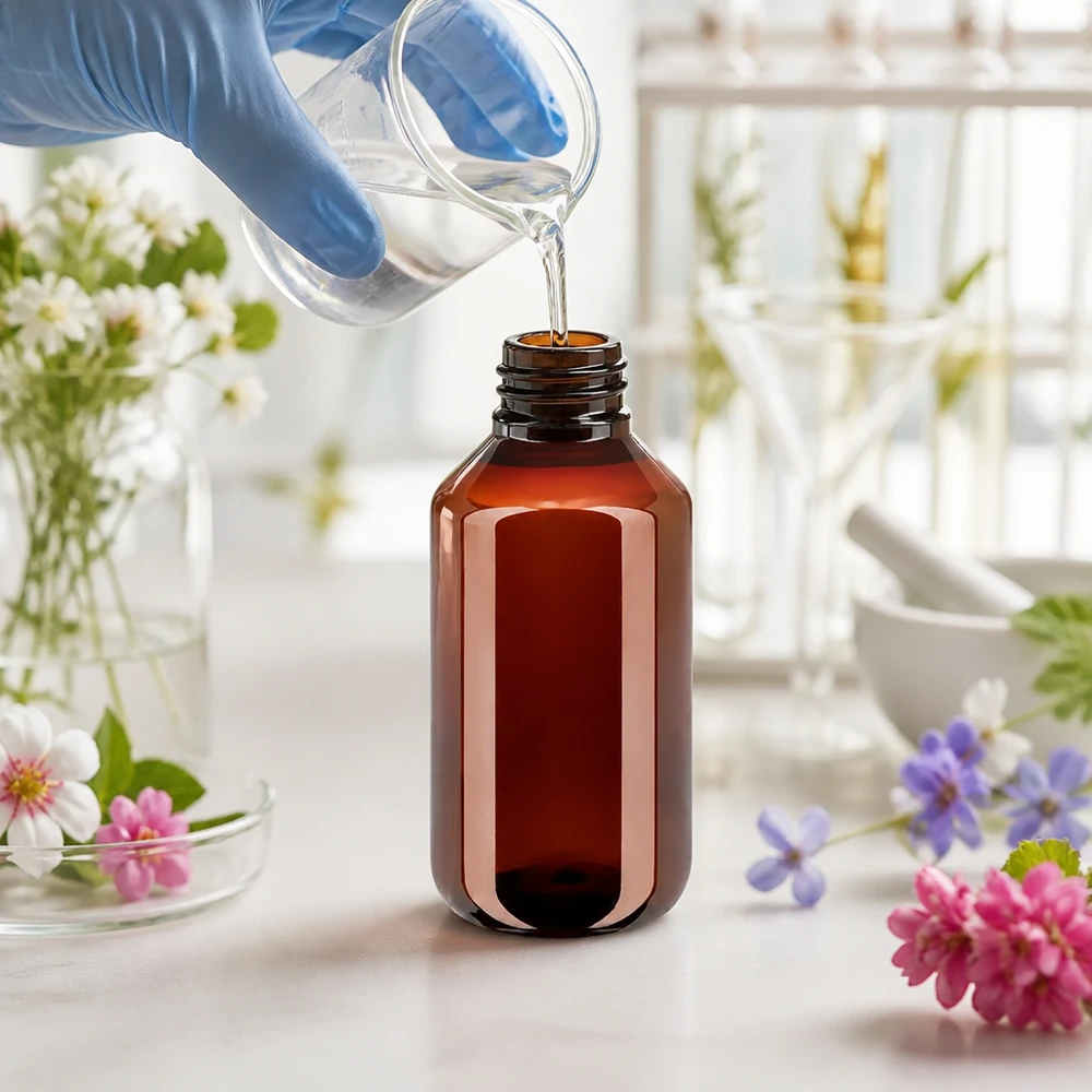 50 ml PET medicijnfles met verstuiver zwart GCMI 28/410 incl. dop transparant, standaard Bruine PET-fles met smalle hals, 100 ml, met rode dop, geschikt voor etherische oliën