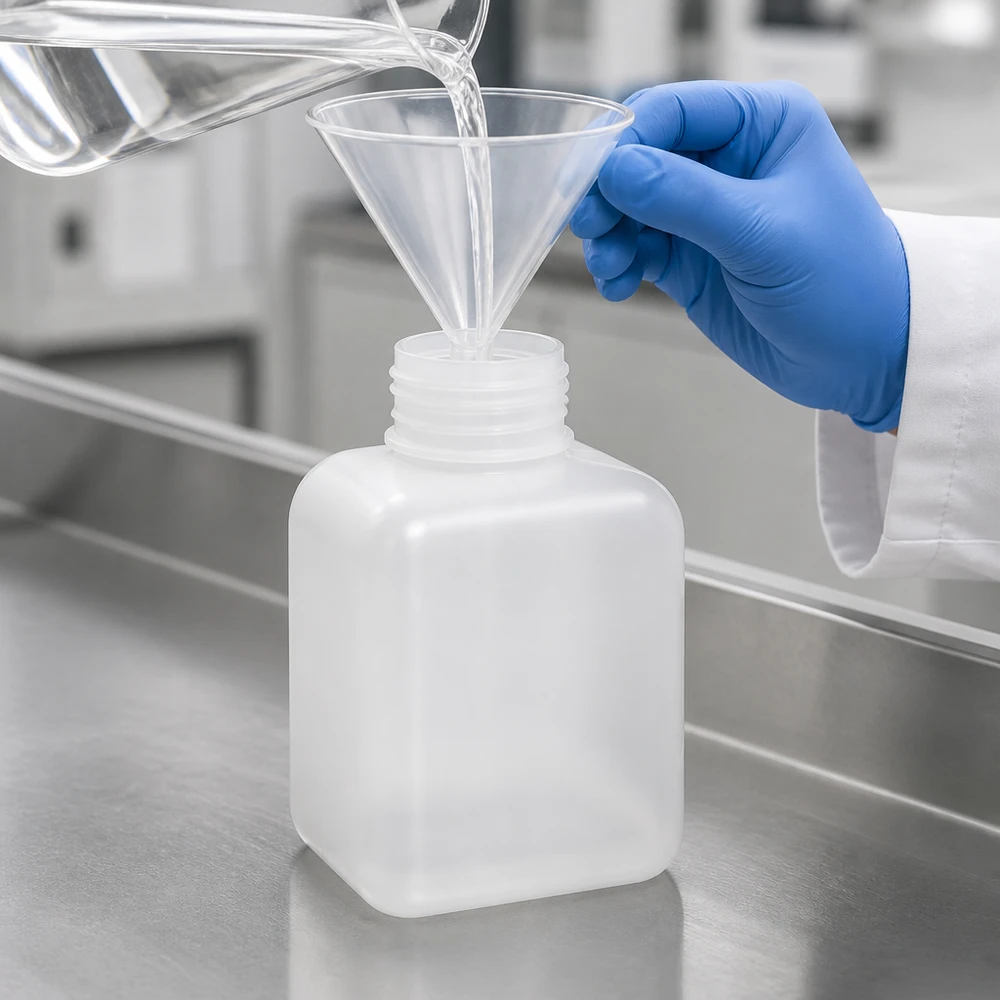 Chemicaliënfles 500 ml, wijde hals, incl. sluiting GL 65 Stevige chemicaliefles van 500 ml, gemaakt van PE-HD, met brede hals, naturelkleurig, geschikt voor vloeistoffen en chemicaliën
