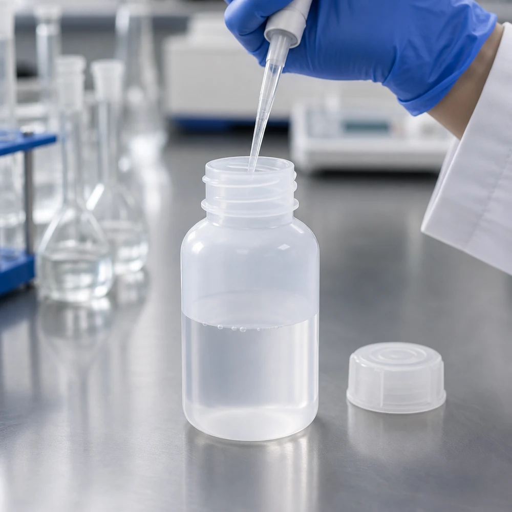 Laboratoriumfles 100 ml met brede hals, handschoen en pipet voor het nemen van chemische monsters