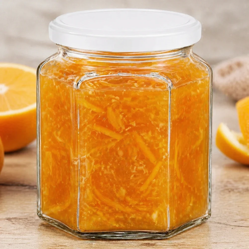 400g zeshoekige honingpot gevuld met sinaasappelmarmelade naast verse sinaasappelschijfjes op een rustieke houten basis