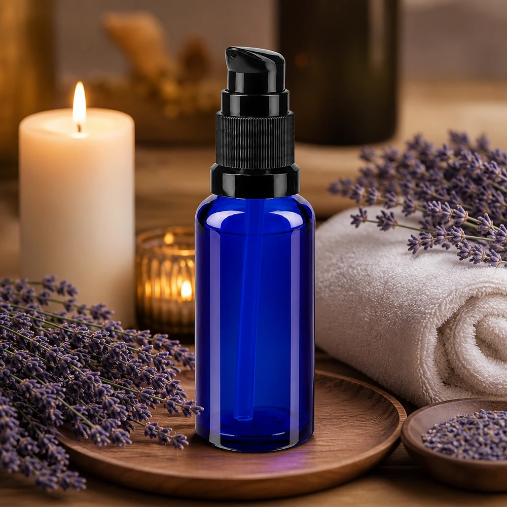 Blauwe glazen flessen 30ml met zwart pompsluiting Kleine blauwe glazen fles met pompje, 30 ml, ideaal voor etherische oliën en serums