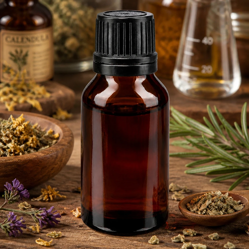 Compacte bruine glazen fles van 15 ml met doseerdop voor natuurlijke cosmetica en aromatherapie