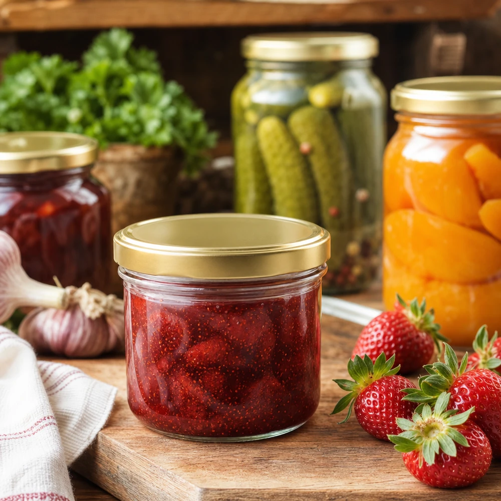 260 ml tuimelpot met aardbeienjam en BasicSeal deksel goud UNiTWIST in rustieke keuken met inmaakpotten