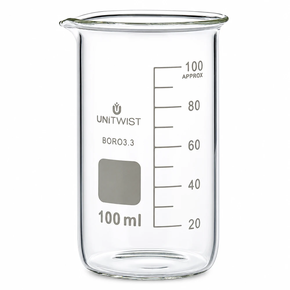 Doorzichtig bekerglas, hoge vorm, 100 ml, met ruimte voor opschriften, schenktuit en nauwkeurige ml-schaalverdeling UNITWIST
