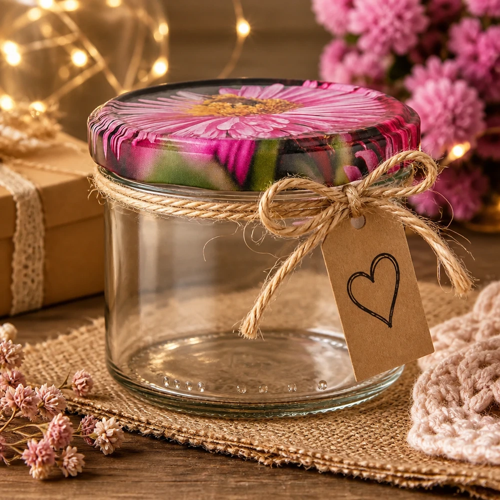 Cilindervormig glas 230ml bloem decoratief gerangschikt met jute koord hart hanger BasicSeal sluiting Cadeau idee
