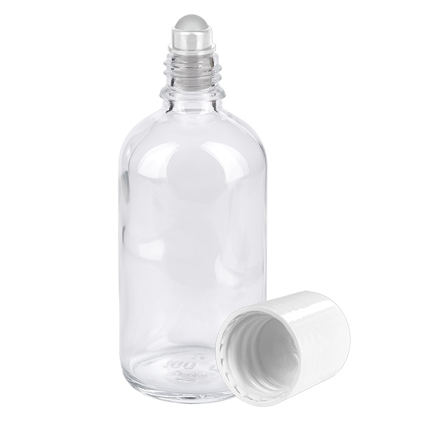 100ml roll-on fles wit STD ClearLine UT18/100 Glazen fles van 100 ml met roller en witte schroefdop ClearLine UT18/100
