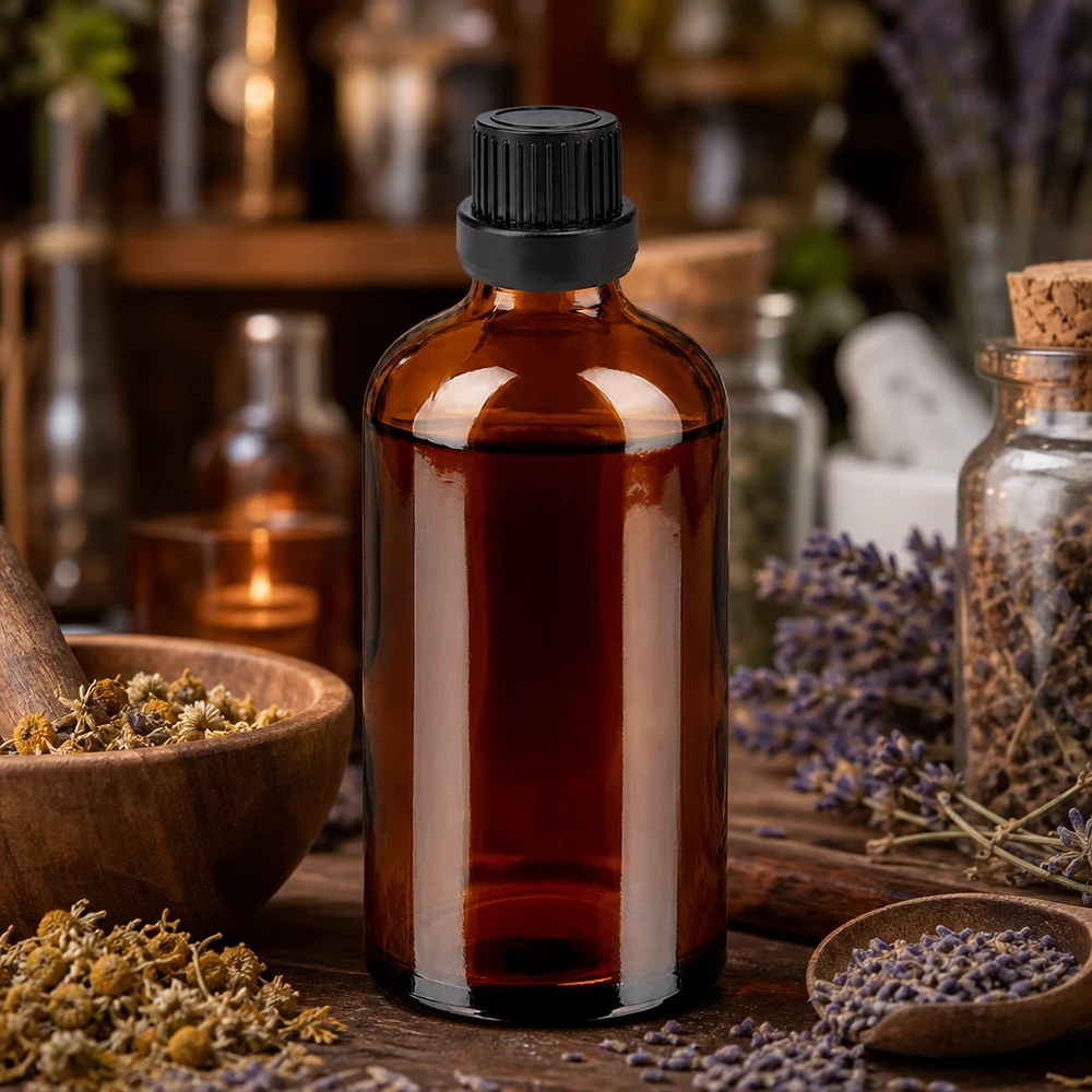 Navulbare glazen fles van 100 ml in amberkleur met duurzame druppeldop voor thuisapotheek