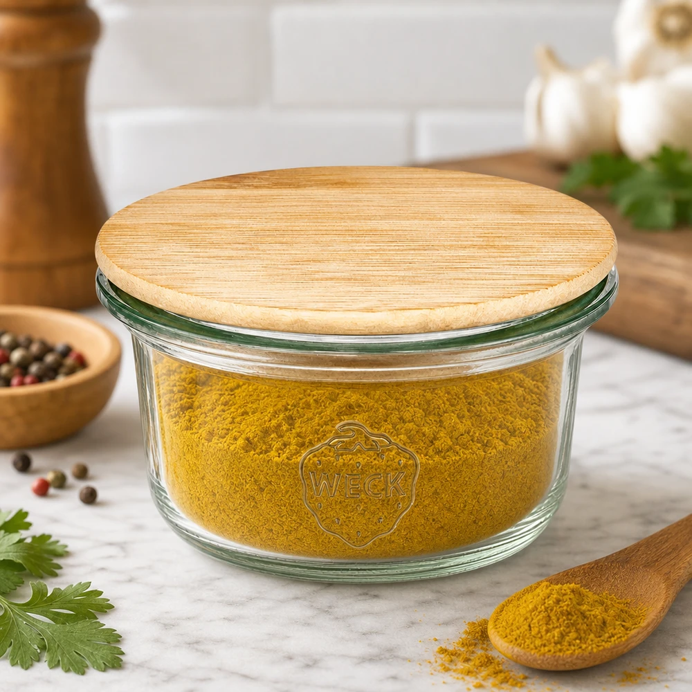 WECK-mini stortglas 50ml met hout deksel WECK mini mason jar 50ml met houten deksel gevuld met geel kruidenpoeder in moderne keuken met kruiden
