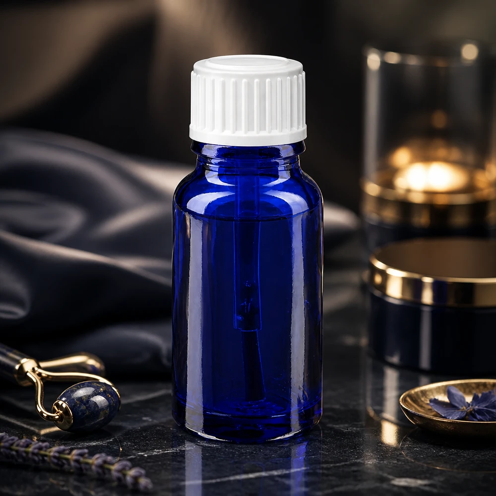 Glazen flesje van 10 ml met blauwe UV-bescherming en een witte dop met applicator voor gevoelige actieve bestanddelen