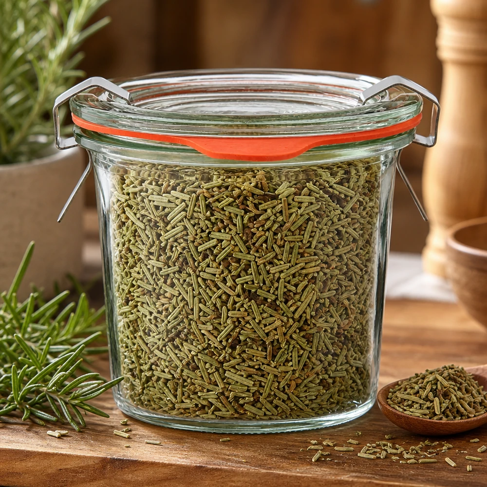 WECK-potje van 140 ml, gevuld met gedroogde kruiden, met daarnaast een houten lepel op een houten onderzetter