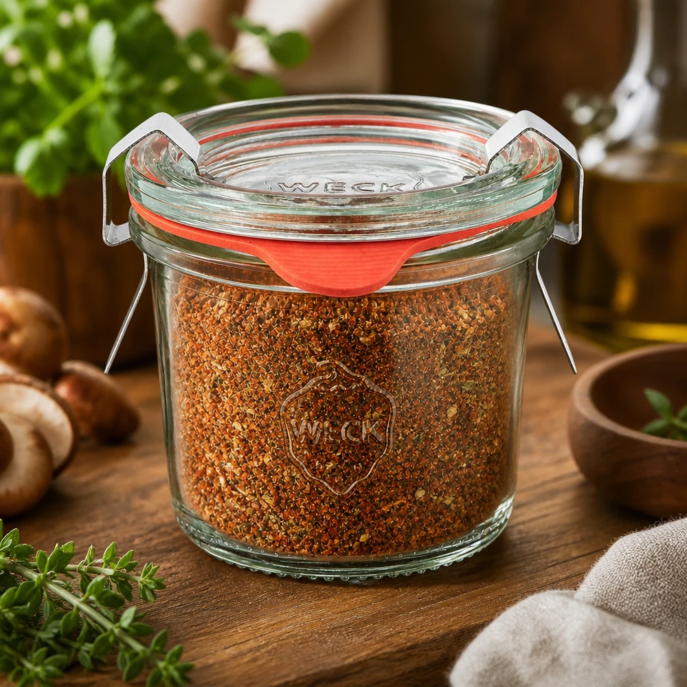Idee voor een glazen kruidenpotje: WECK mini-stortglas 80 ml Compact WECK-glas van 80 ml gevuld met een aromatische barbecue-rub, te vinden bij de keukeningrediënten