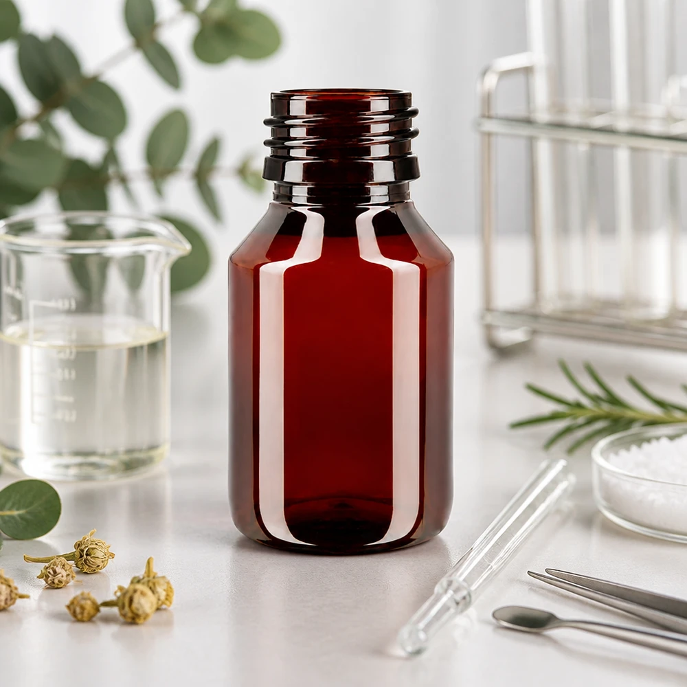 Lichtbestendige fles van PET, 50 ml, PP28-schroefdraad, geschikt voor etherische oliën en extracten