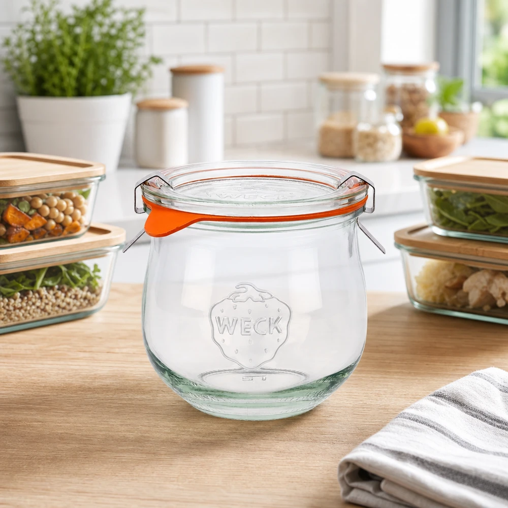 WECK tulpenpot 370ml RR80 met swing top op houten werkblad in moderne keuken tussen glazen schalen
