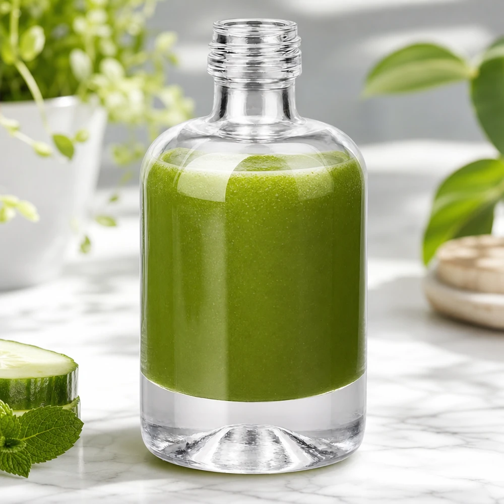 40ml glazen fles Sara gevuld met groene smoothie naast komkommer en munt toont natuurlijke cosmetische toepassing