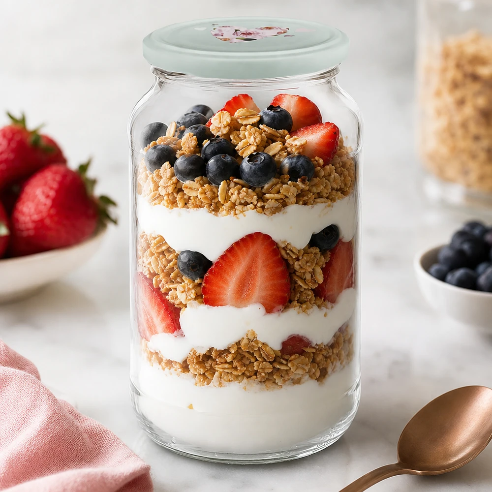 Overnight oats gelaagd dessert in 1062ml ronde pot met mintgroen hart deksel toont creatieve ontbijtbereiding