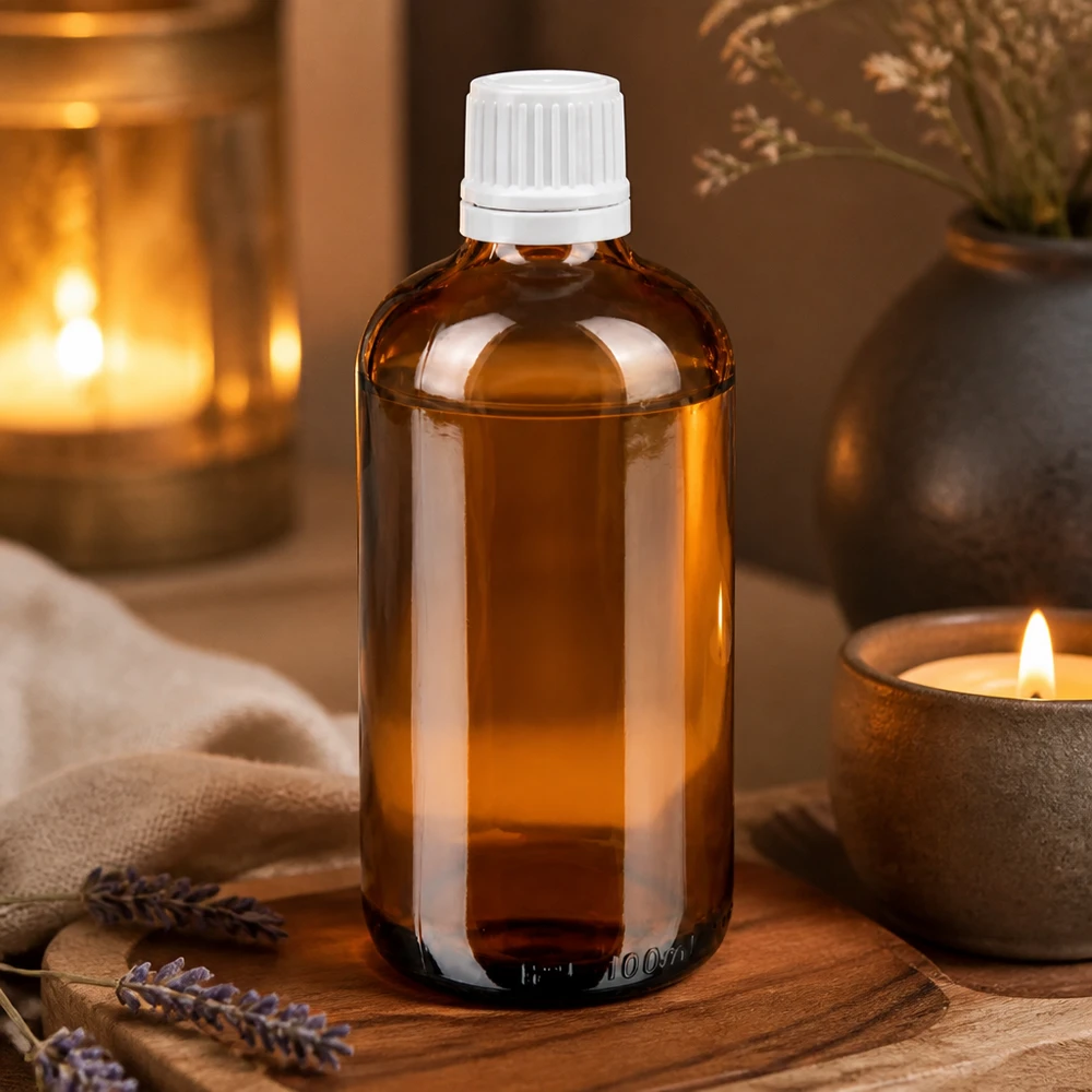 Donkere glazen fles van 100 ml met witte schroefdop, ideaal voor natuurlijke cosmetica en oliën