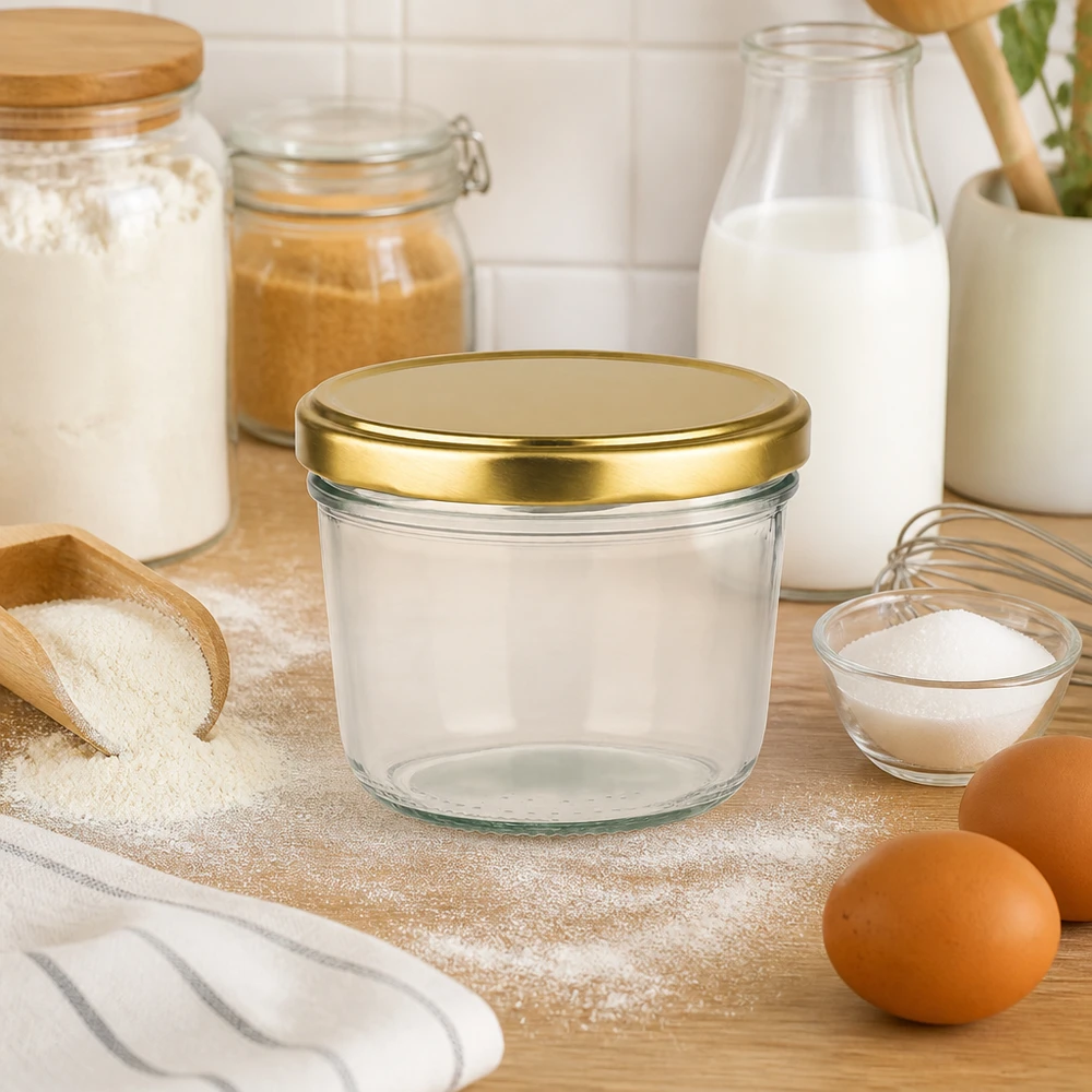 230ml bekers met BasicSeal deksel goud UNiTWIST 230 ml glazen pot met gouden deksel in de keuken tussen de bakingrediënten zoals bloem, melk en eieren op een houten plank