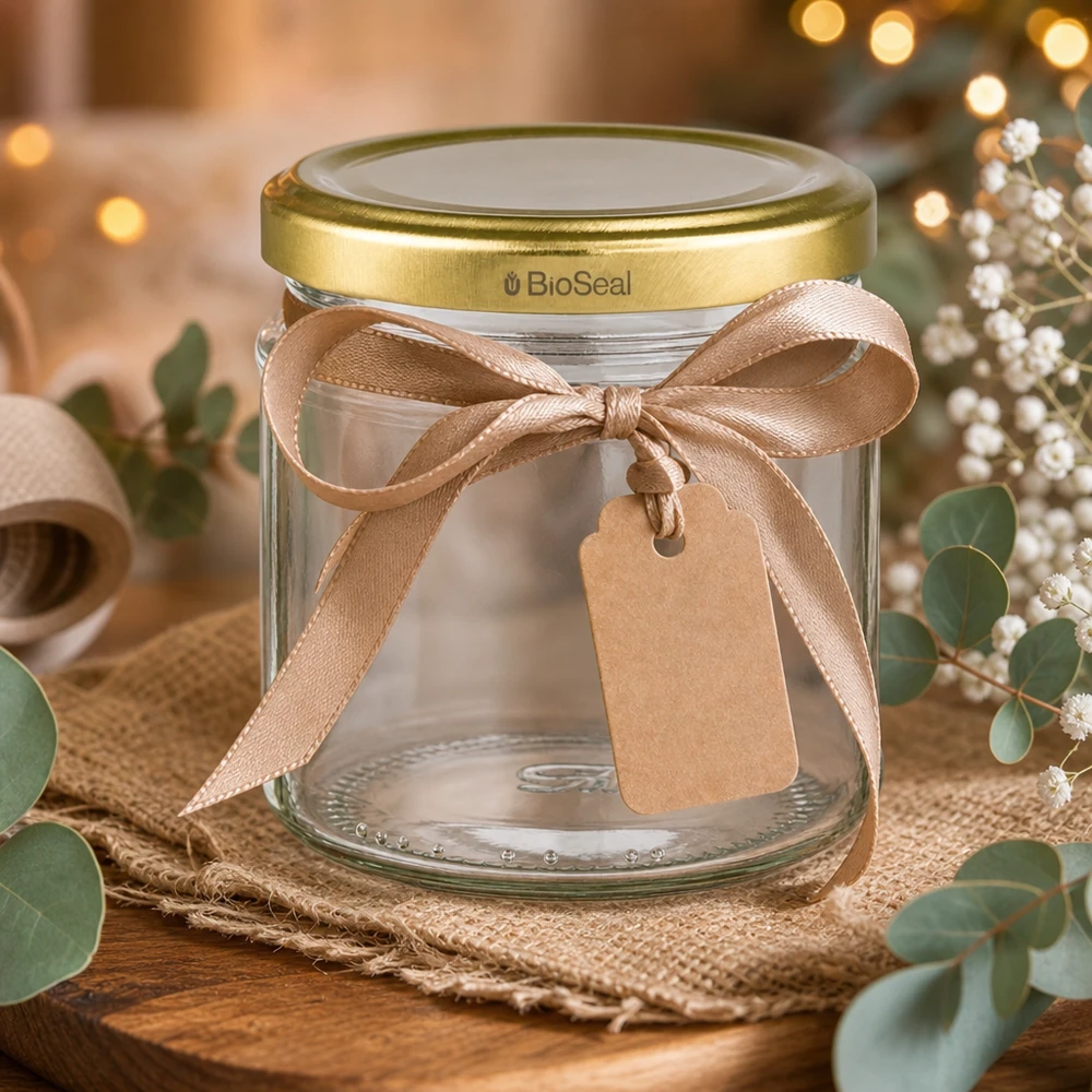UNiTWIST Rundglas 212ml mit goldenem BioSeal Deckel als Geschenkverpackung mit Schleife und Anhänger dekoriert