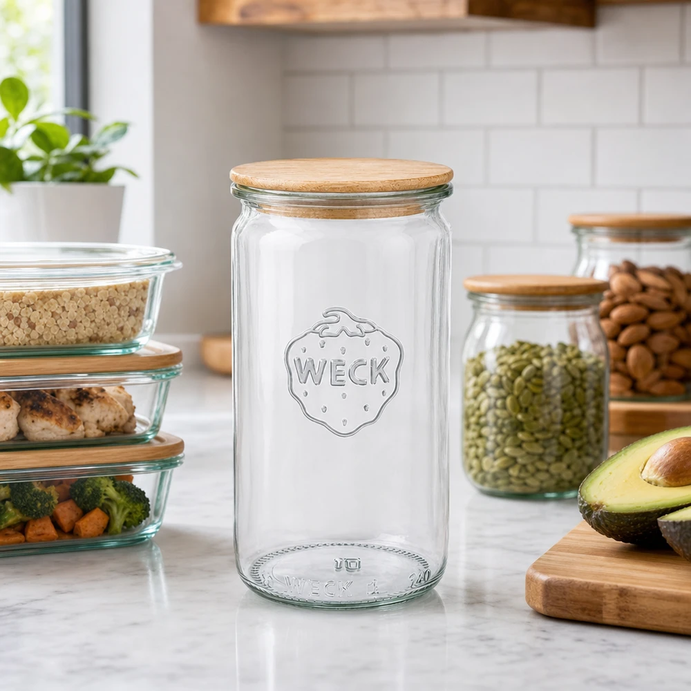 340ml cilinderglas WECK RR60 met hout deksel WECK voorraadpot 340ml RR60 met houten deksel in keukensfeer naast voorraadpotten en voorraadpotten