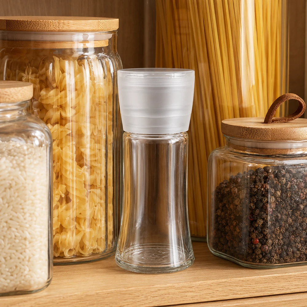 Kruidenpotje van 95 ml met witte Vario-molen op het keukenrek, tussen de pasta, rijst en peperkorrels