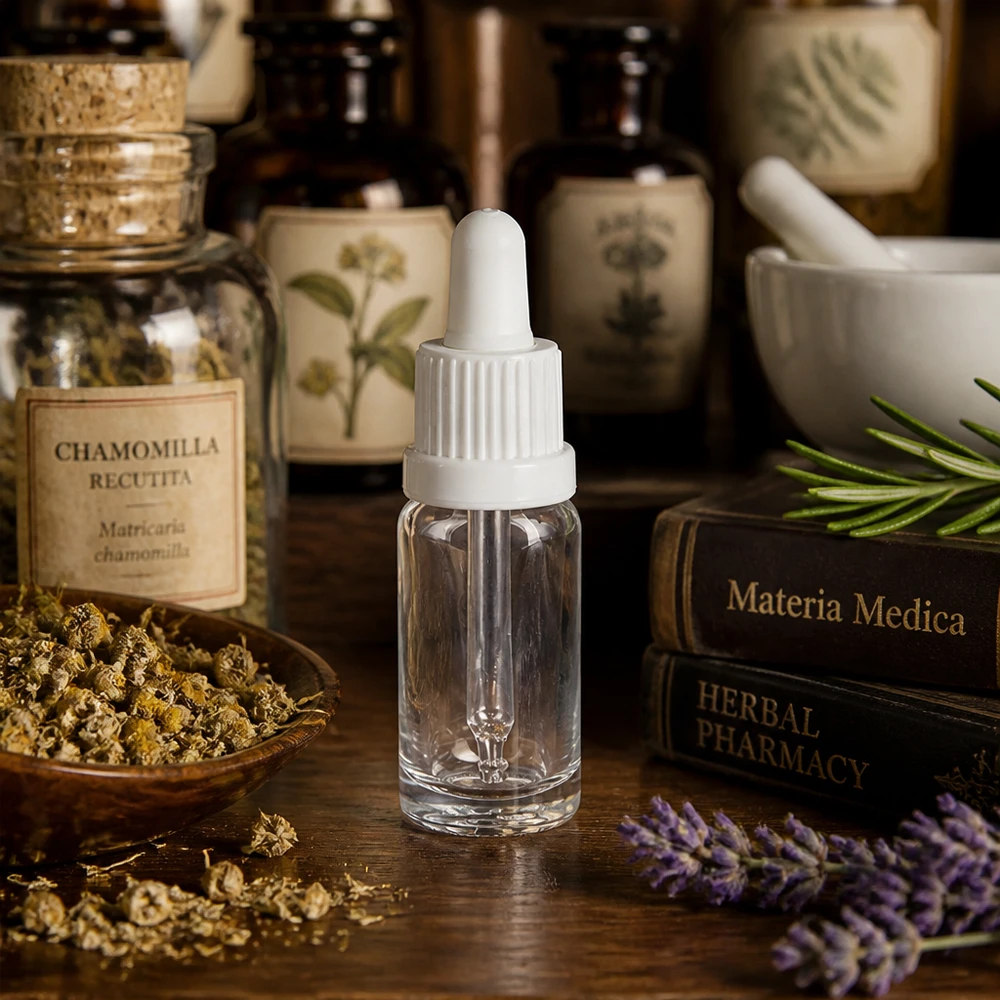 10ml pipetfles wit OV ClearLine UT18/10 Pipetflesje van 10 ml van helder glas met witte doseerdop, gevuld met gedroogde kruiden en geneeskrachtige planten