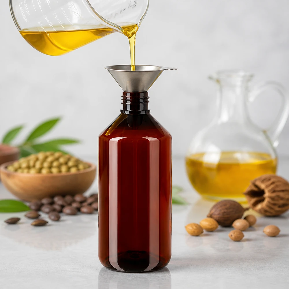 PET-fles 750 ml met bruine dop Standaard Amberkleurige ronde kunststof fles van 750 ml, bestemd voor het professioneel afvullen met plantaardige olie