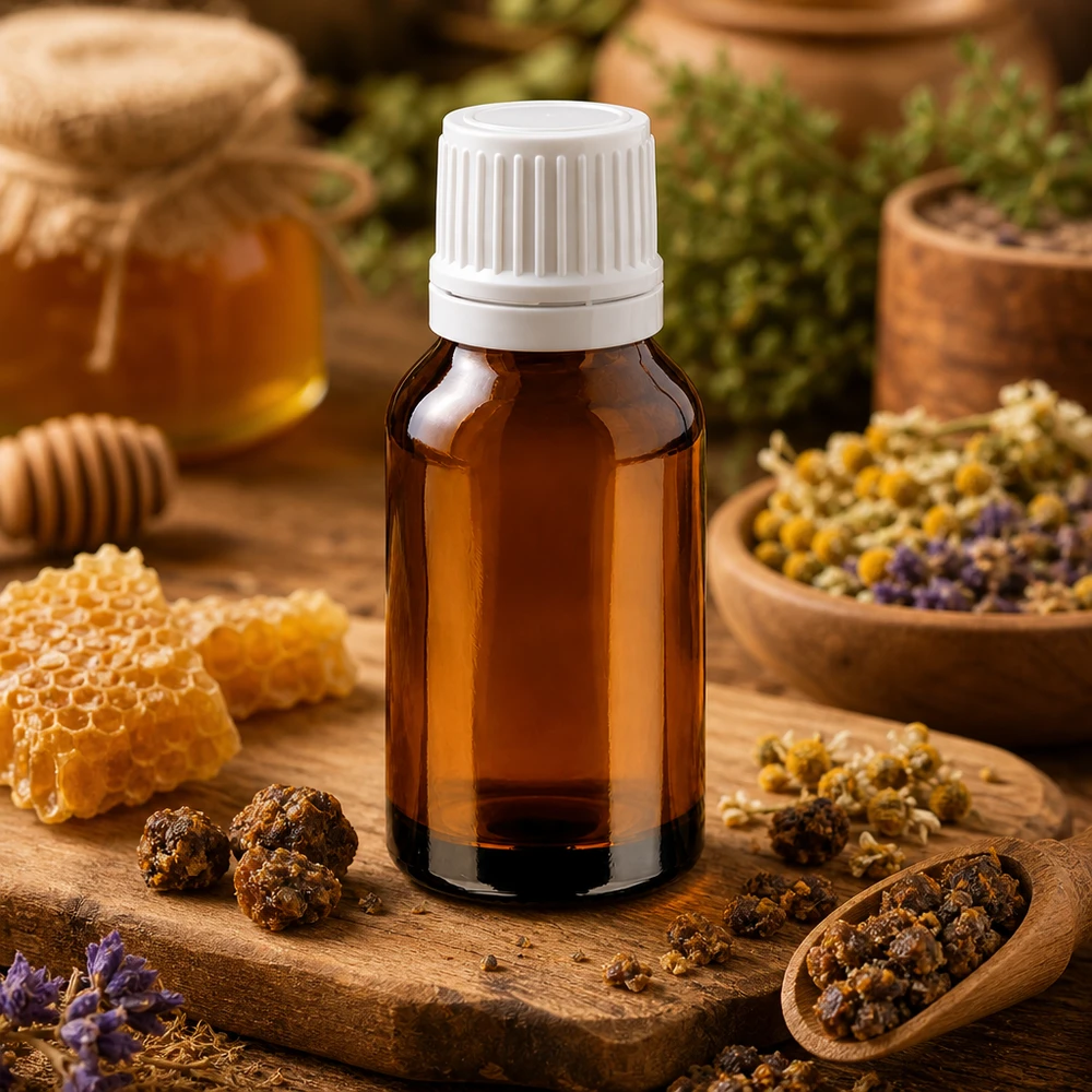 Medicijnflesje van bruin glas, 15 ml, met witte etiketten, naast kamillebloemen, lavendel en bijenwas