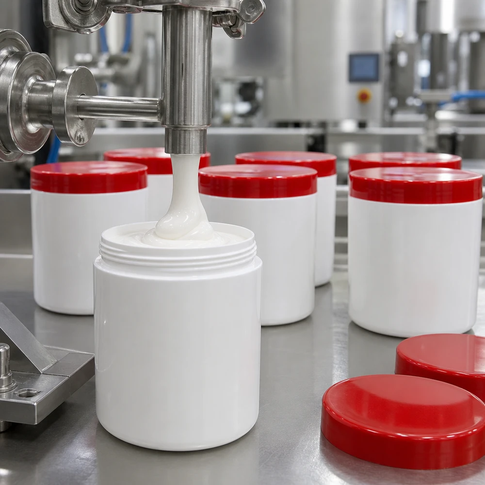 Zalfpot 50 g wit met rood schroefdeksel (PP) Lopende bandproductie van farmaceutische crème in witte plastic potjes van 50 g met een rode deksel