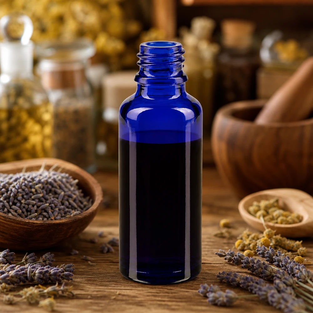 Blauwe glazen fles 30ml Open ApoGlas-apotheekflesje van 30 ml in blauw met schroefdop op een houten ondergrond