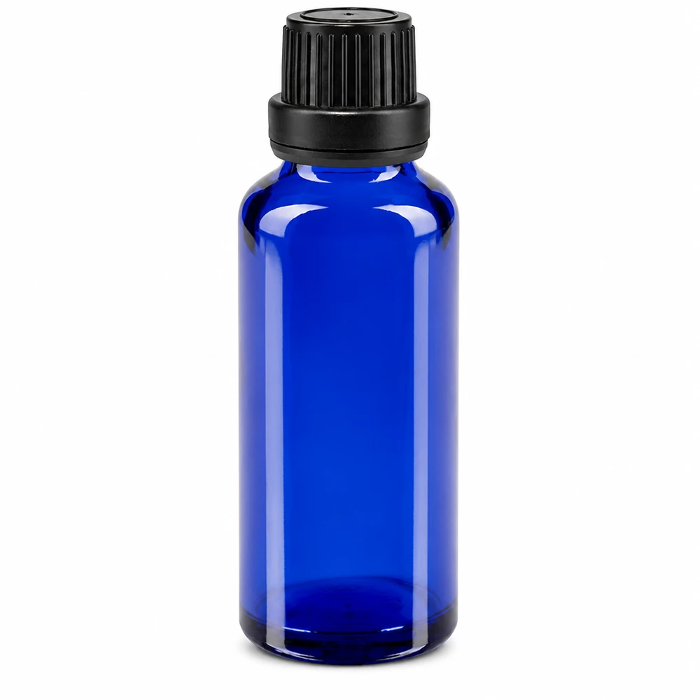 Blauwe glazen flessen 30ml met zwart druppelsluiting 2mm VR Apothekersglas 30 ml, blauw, met een druppelopening van 2 mm en een zwarte originaliteitssluiting (OV)