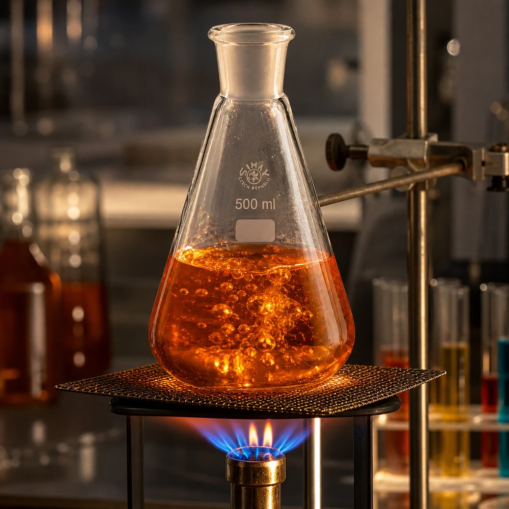 Professionele laboratoriumtest met Erlenmeyer van 500 ml en gecontroleerde warmtetoevoer