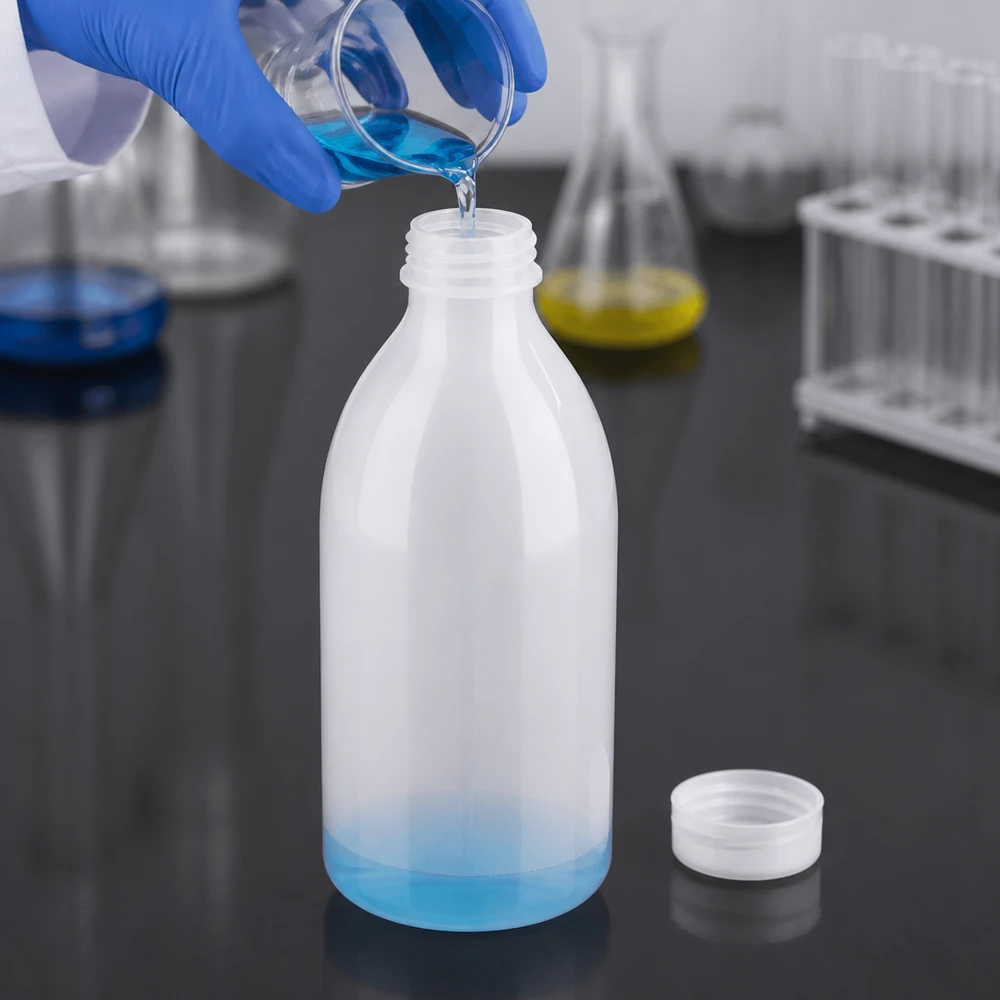 Nauwe hals laboratoriumfles 250ml zonder sluiting Laboratoriumfles met smalle hals van 250 ml zonder deksel, naast een Erlenmeyer-kolf en reageerbuisjes in het laboratorium