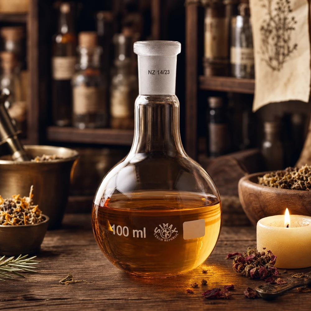 Staande kolf 100ml voor etherische oliën met standaard vermalen verbinding 14/23 in traditionele laboratoriumomgeving