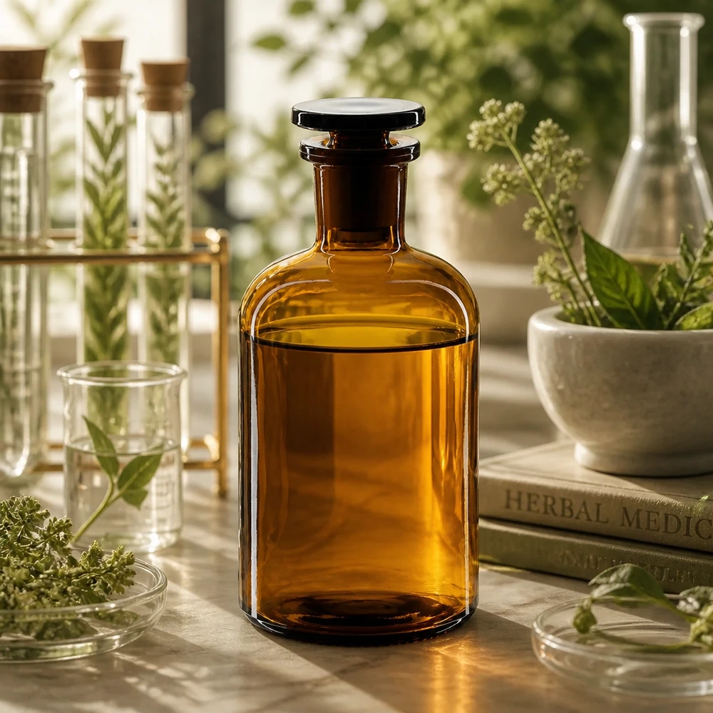 Medicijnfles 250 ml, bruin, smalle hals, UV-bescherming, glazen dop voor gevoelige stoffen