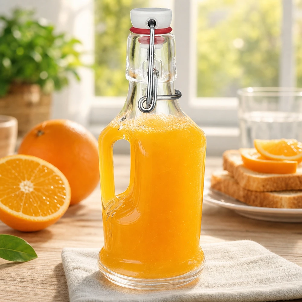 200 ml glazen fles Bertha en porseleinen beugelsluiting UNiTWIST® UNiTW glazen fles Bertha 200ml gevuld met sinaasappelsap naast verse sinaasappels en toast swing top ontbijtscène