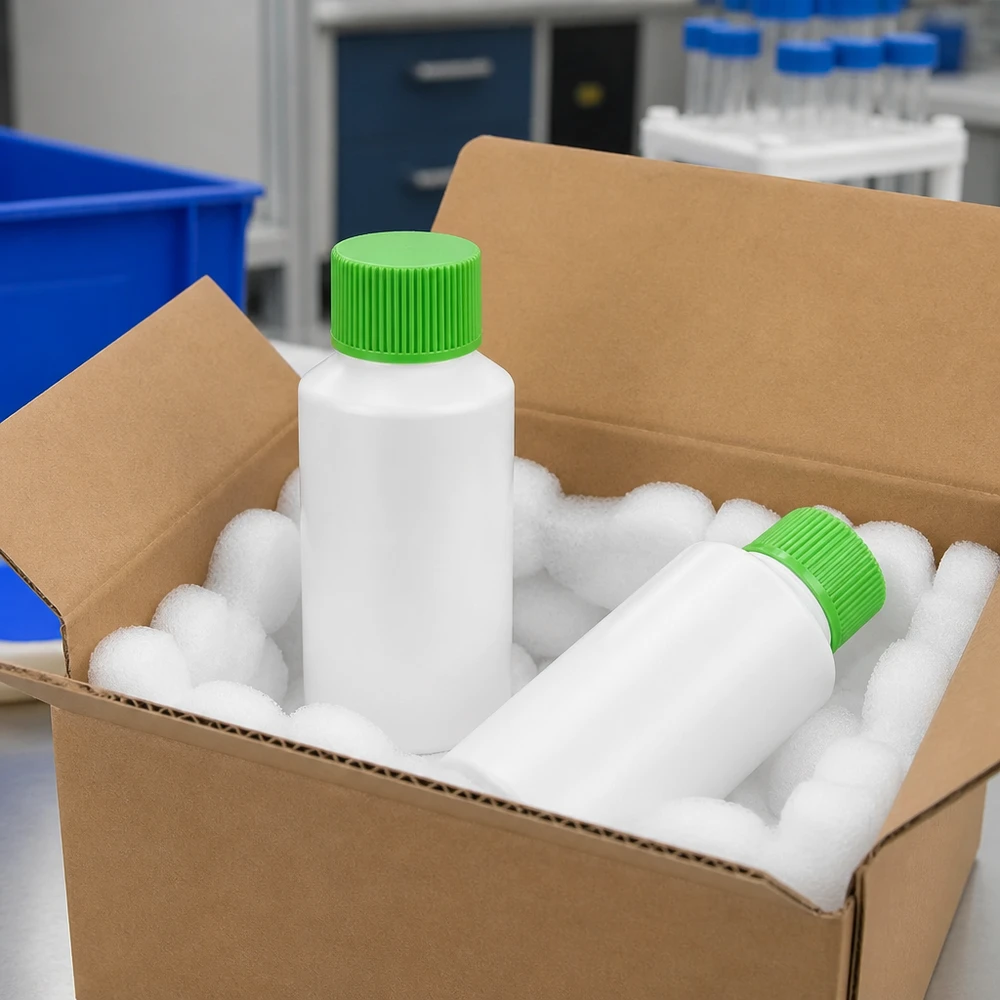 PET cilinderfles 50ml wit met schroefsluiting groen Compacte witte HDPE-farmaceutische flesjes van 50 ml met groene dop in een professionele laboratoriumomgeving